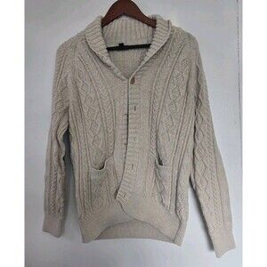 J. Crew Sweater Mens M Cableknit Shawl Cardigan Beige Button Up Elbow Pads
